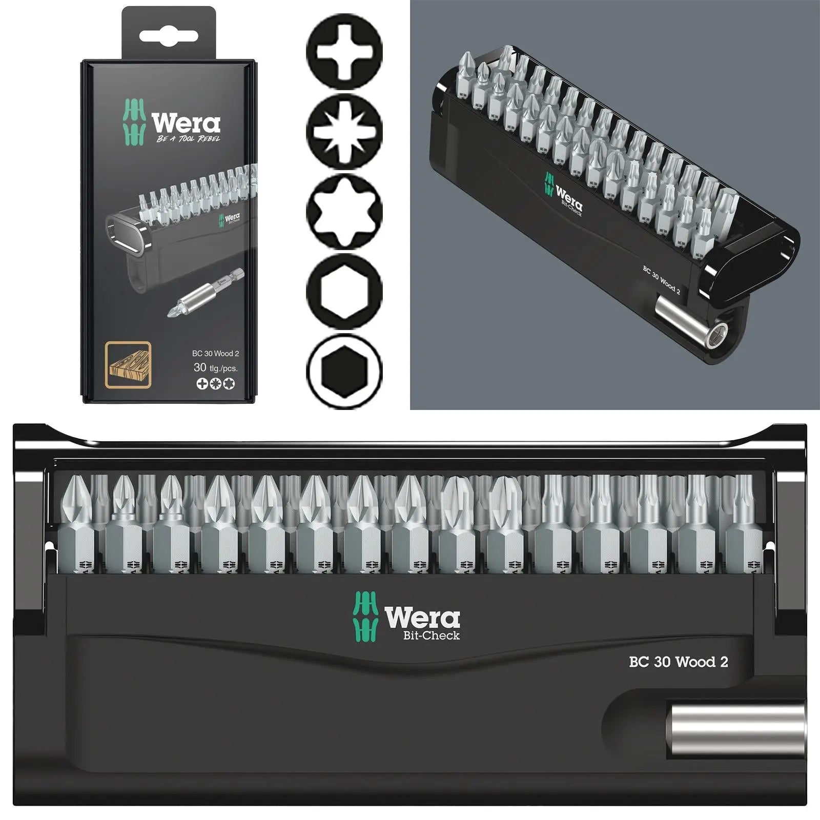 Wera Screwdriver Bit Set with Bit Holder Bit Check 30 Wood 2 SB 30 Pieces PH PZ TX White Rose Tools