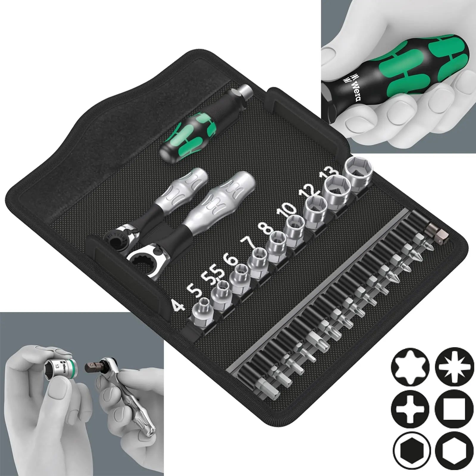 Wera Screwdriver Bit and Socket Set 27 Piece Kraftform Kompakt Zyklop Mini 2 1/4" Hex 1/4" Square Drive White Rose Tools
