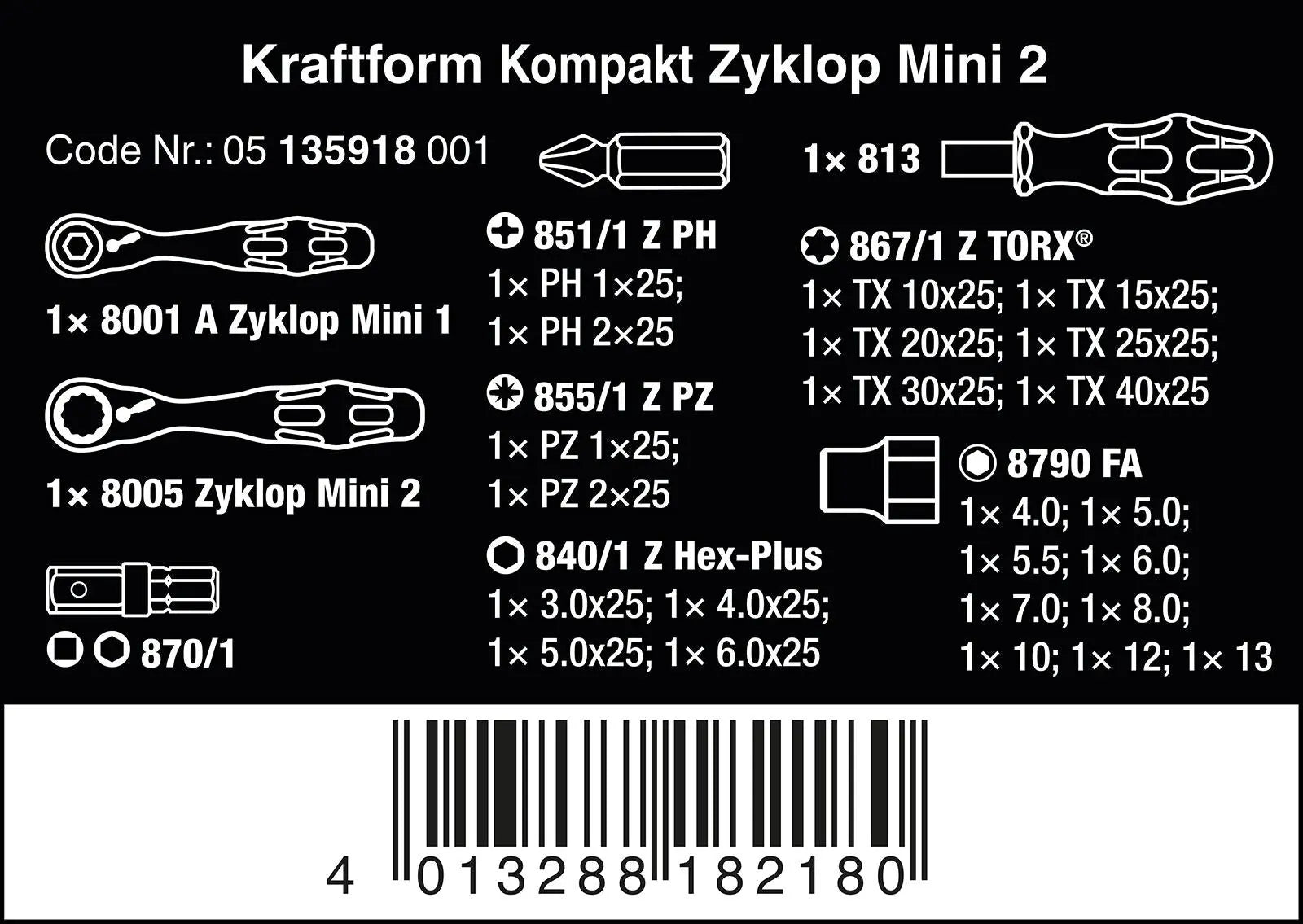Wera Screwdriver Bit and Socket Set 27 Piece Kraftform Kompakt Zyklop Mini 2 1/4" Hex 1/4" Square Drive  White Rose Tools