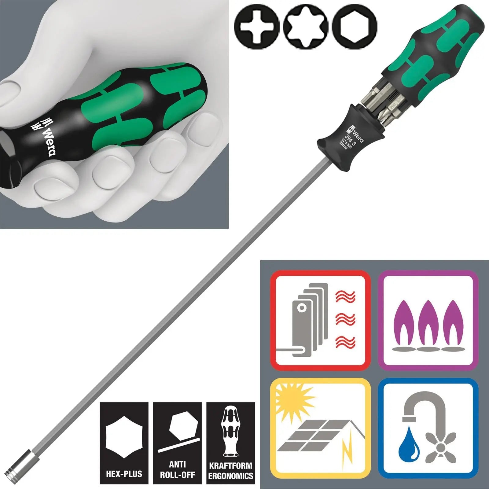 Wera Screwdriver Set 1/4" Hex 300mm Kraftform Kompakt KK 27 XL SHK 1 7 Pieces PH TX Hex White Rose Tools