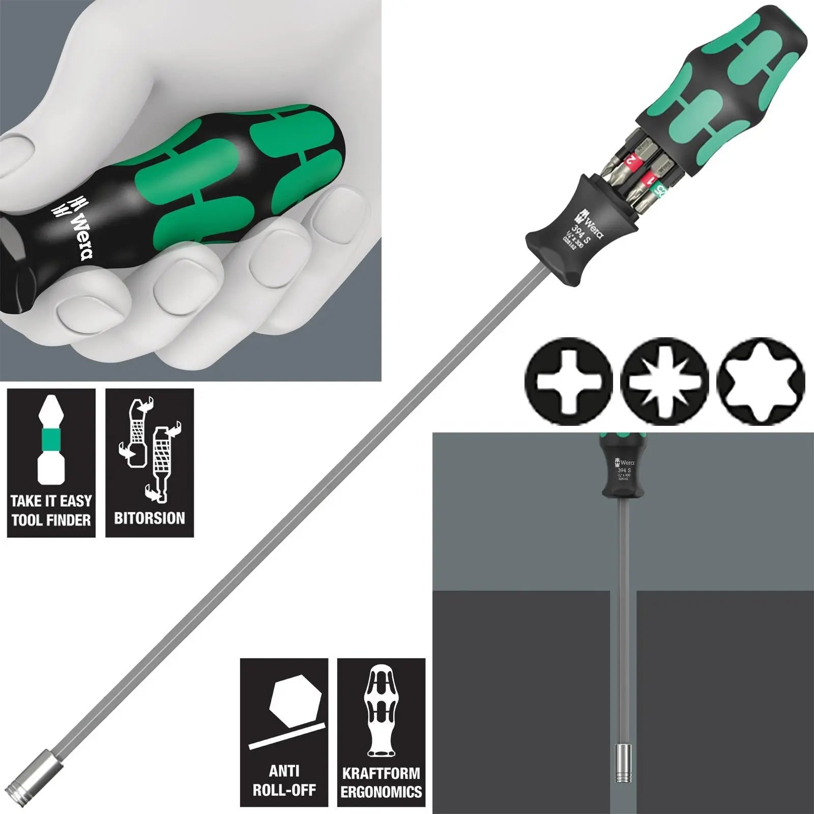 Wera Screwdriver Set 1/4" Hex 300mm Kraftform Kompakt KK 27 XL Universal 1 7 Pieces PH PZ TX White Rose Tools