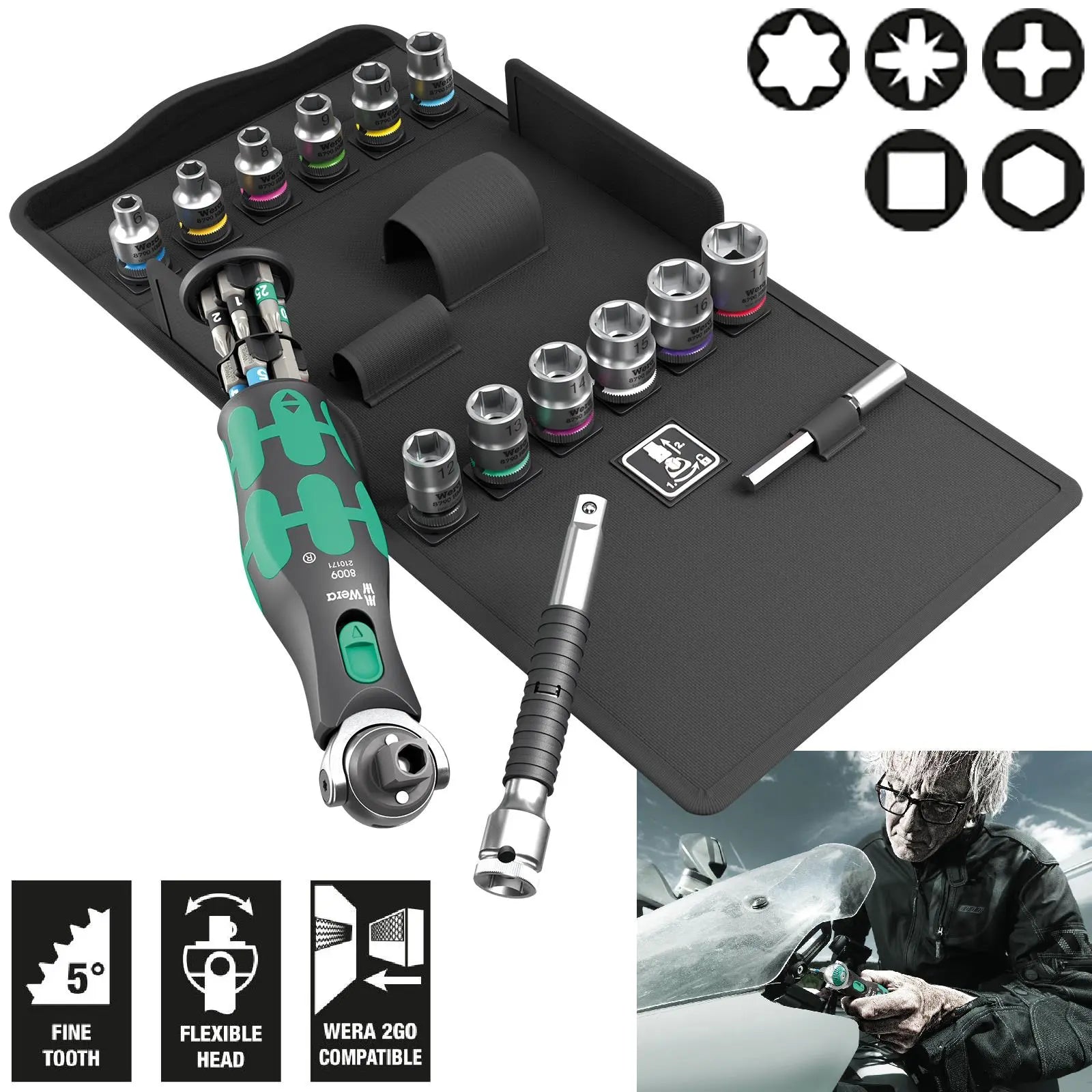 Wera Screwdriver Set 8009 Zyklop Pocket Set 3 Sockets and Bit Kit in Case 27 Pieces White Rose Tools