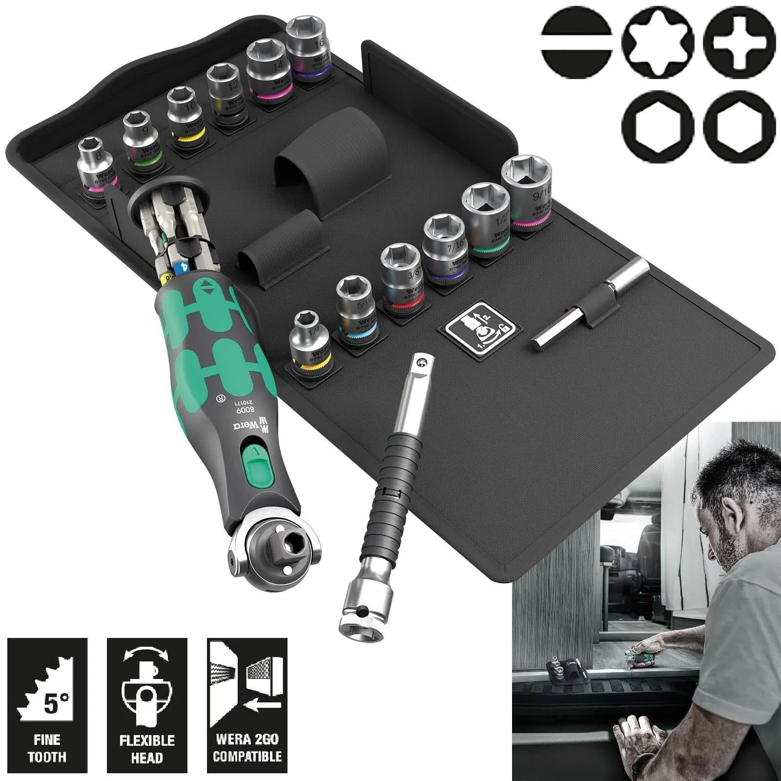 Wera Screwdriver Set 8009 Zyklop Pocket Set 4 Sockets and Bit Kit in Case 27 Pieces White Rose Tools