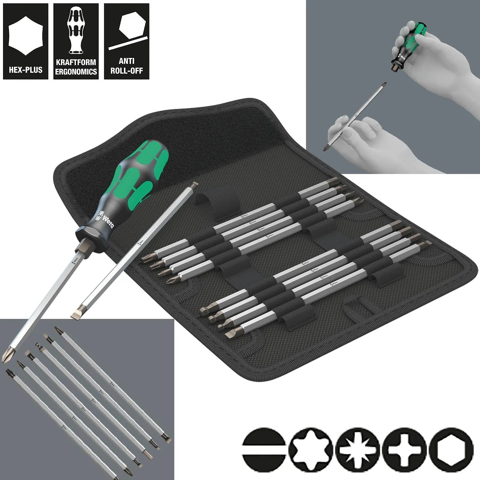 Wera Screwdriver Set 88/1 Vario Set 11 Piece Kraftform Kompakt Handle 175mm Combination Blades White Rose Tools