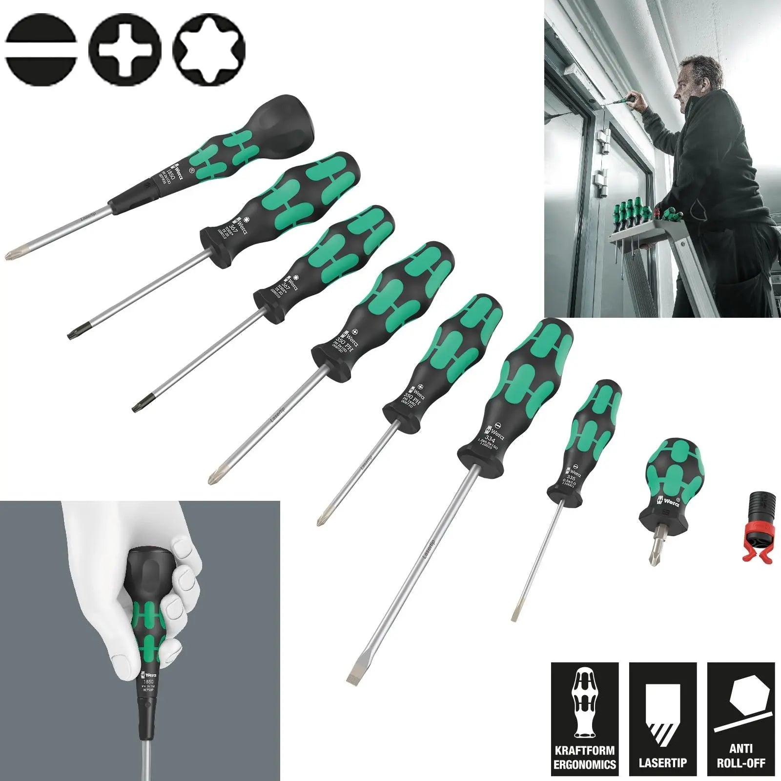 Wera Screwdriver Set 9527 Ball Grip Set 1 Phillips Torx Slotted 9 Pieces White Rose Tools