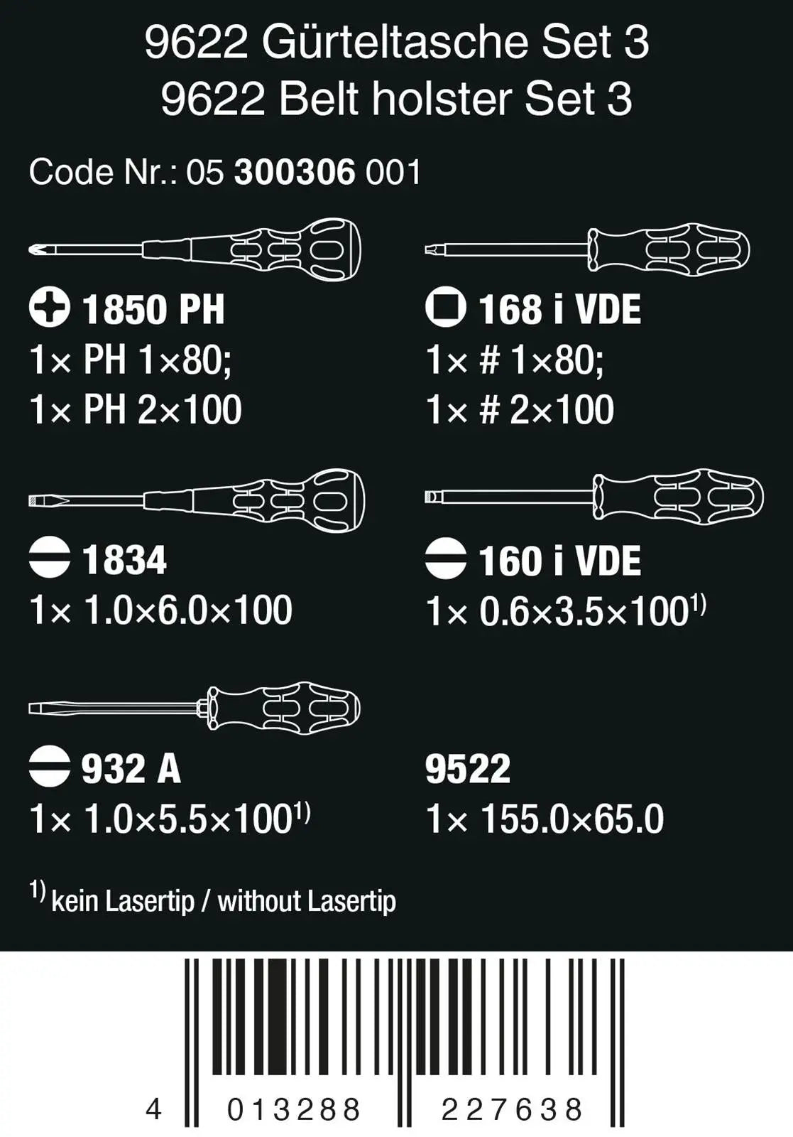 Wera Screwdriver Set 9622 Belt Holster Set 3 VDE Phillips Slotted Square Ball Grip 8 Pieces White Rose Tools