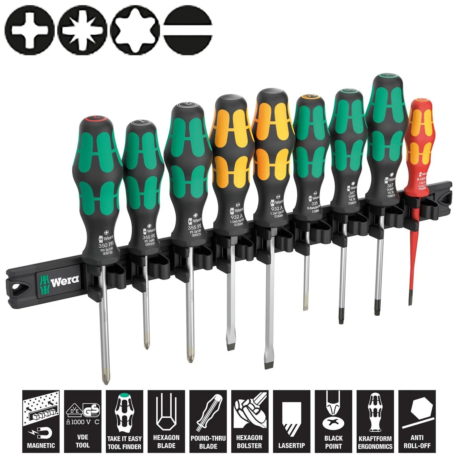 Wera Screwdriver Set 9650 Magnetic Rail Kraftform 9 Pieces PH PZ TX SL  White Rose Tools