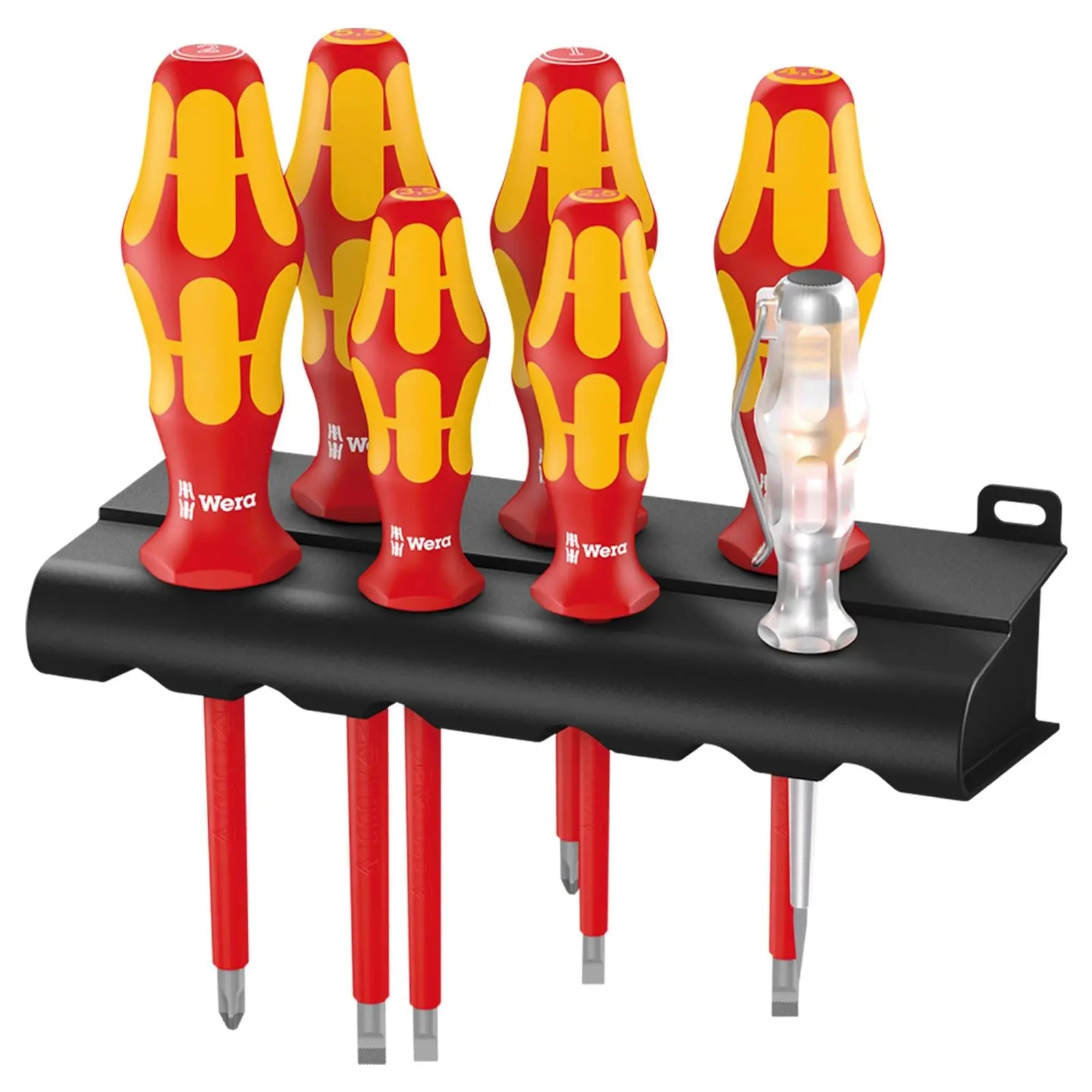 Wera Screwdriver Set Rack VDE 7 Piece 160 i/7 Kraftform Plus Series 100 Voltage Tester Slotted Phillips White Rose Tools