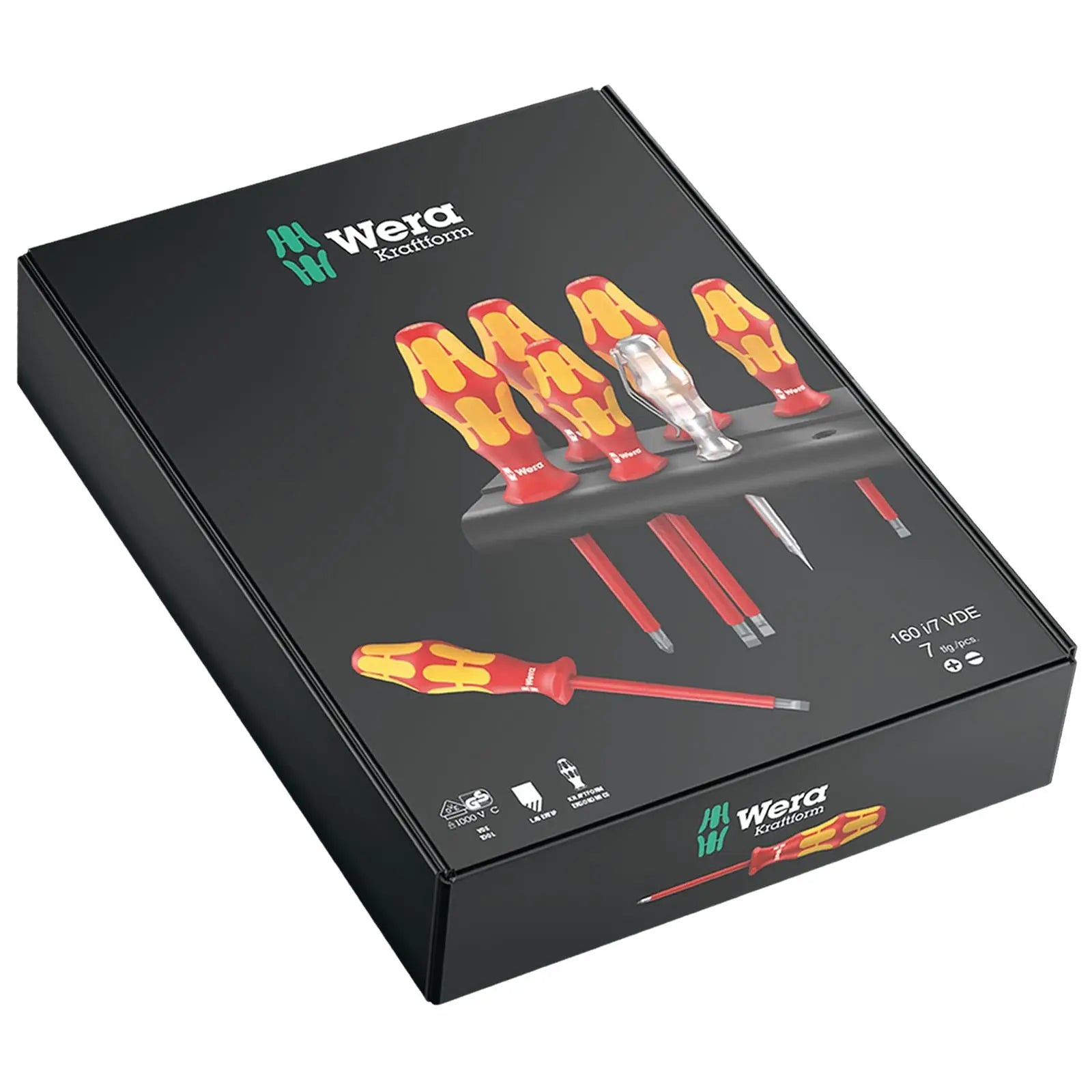 Wera Screwdriver Set Rack VDE 7 Piece 160 i/7 Kraftform Plus Series 100 Voltage Tester Slotted Phillips White Rose Tools