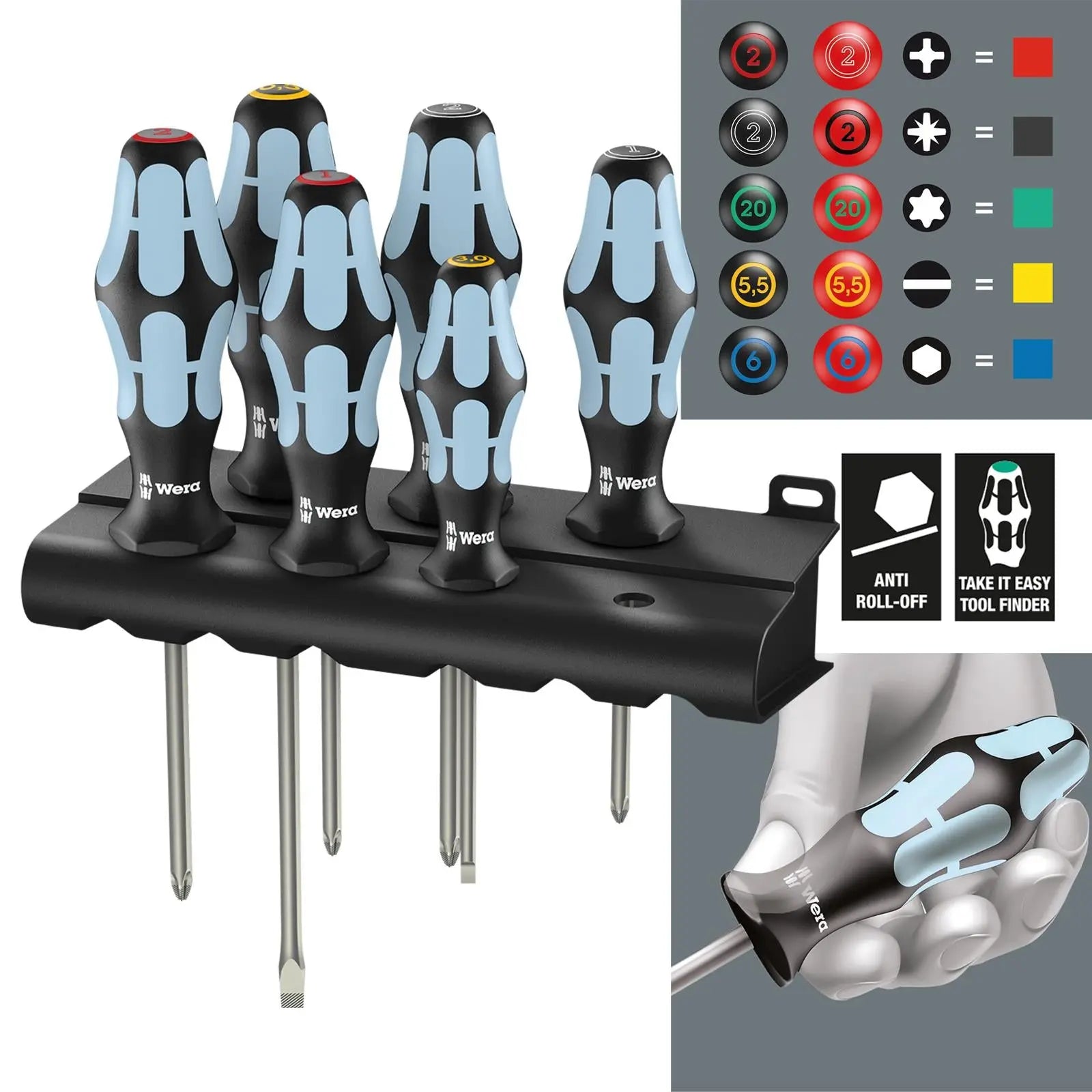 Wera Screwdriver Set Stainless Steel in Rack 6 Piece 3334/3350/3355/6 Phillips Pozi Slotted White Rose Tools