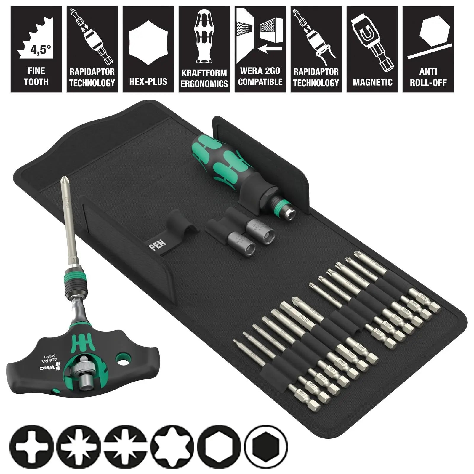 Wera Screwdriver Set T-Handle 1/4" Hex Kraftform Kompakt KK 400 RA SHK Set 1 19 Pieces PH PZ PZ/S TX Hex White Rose Tools