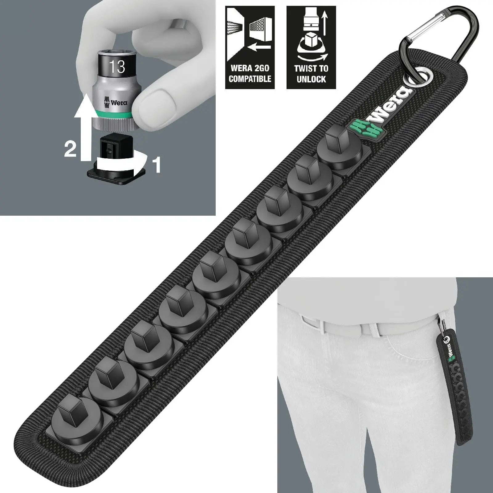 Wera Socket Rail A 1/4" Drive Textile Belt with Carabiner 9 Location Twist to Unlock Unloaded White Rose Tools