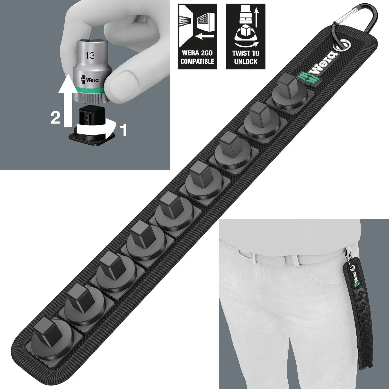 Wera Socket Rail B 3/8" Drive Textile Belt with Carabiner 9 Location Twist to Unlock Unloaded White Rose Tools