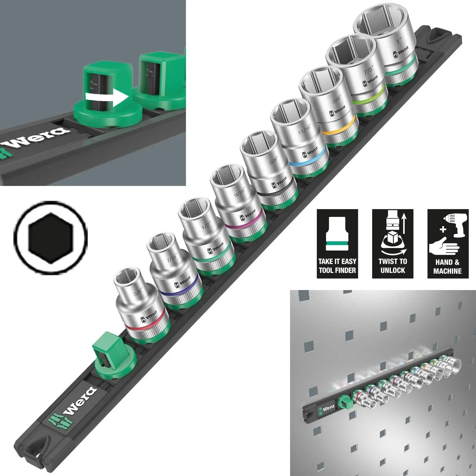 Wera Socket Set 1/2" Drive on Magnetic Socket Rail C Imperial 1 Zyklop 9 Pieces 3/8" to 1