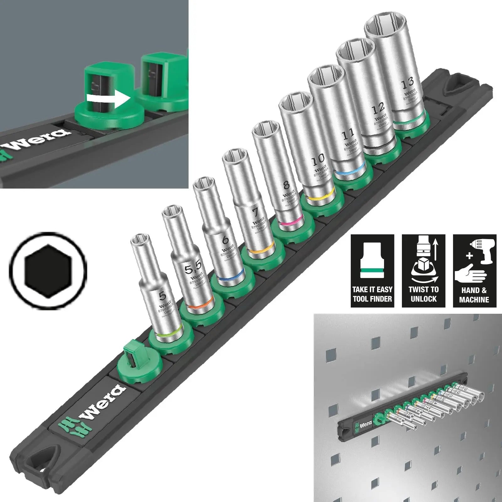Wera Socket Set 1/4" Drive on Magnetic Socket Rail A Deep 1 Zyklop 9 Pieces Metric 5-13mm