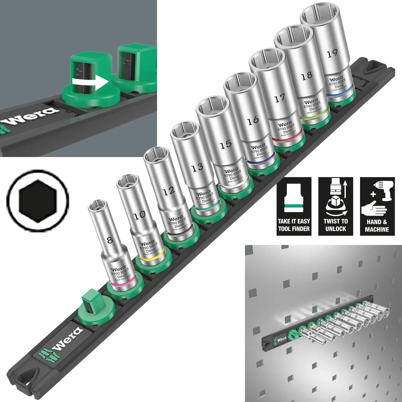 Wera Socket Set 3/8" Drive on Magnetic Socket Rail B Deep 1 Zyklop 9 Pieces Metric 8-19mm