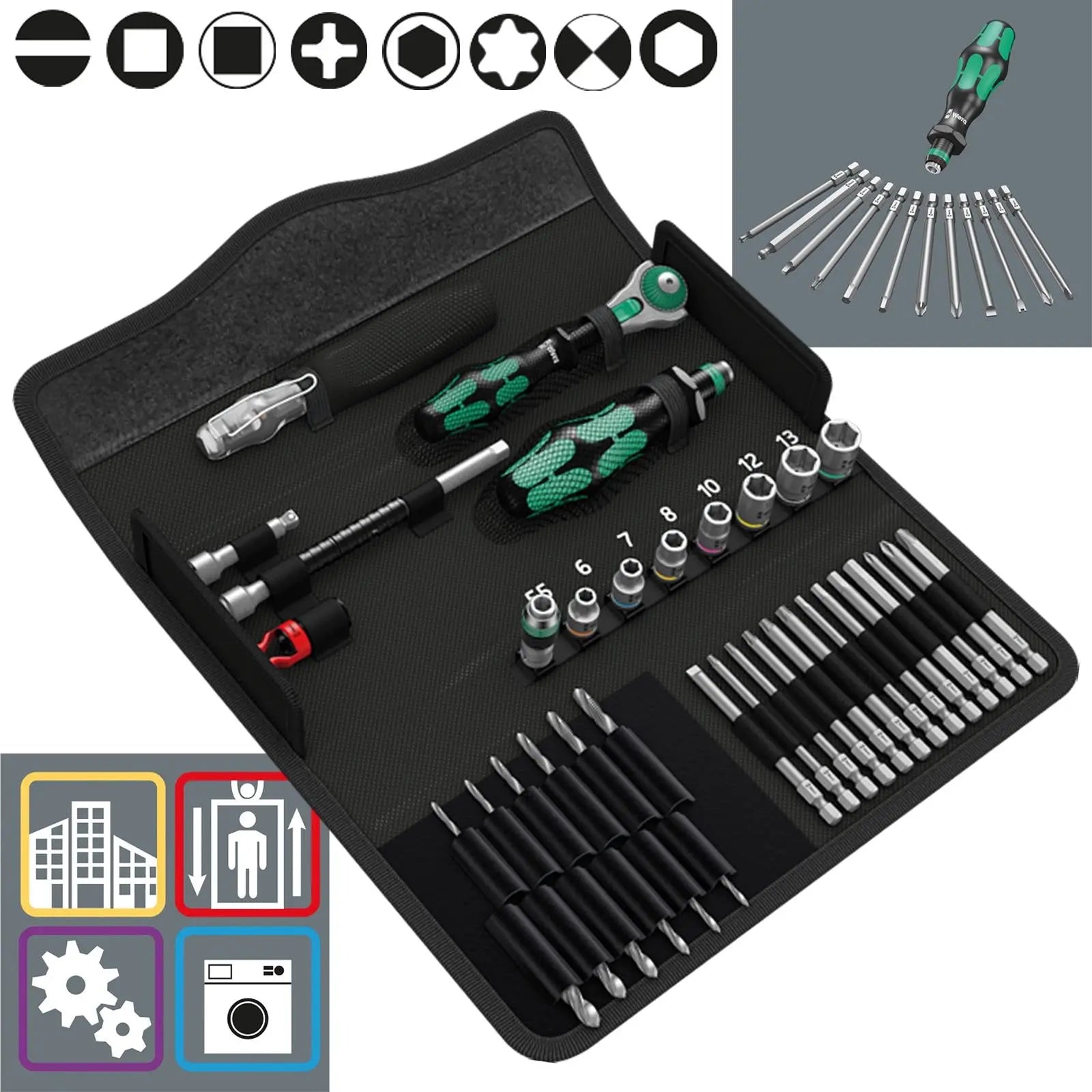 Wera Socket and Screwdriver Bit Set 1/4" Drive 39 Piece Kraftform Kompakt M 1 Metal White Rose Tools