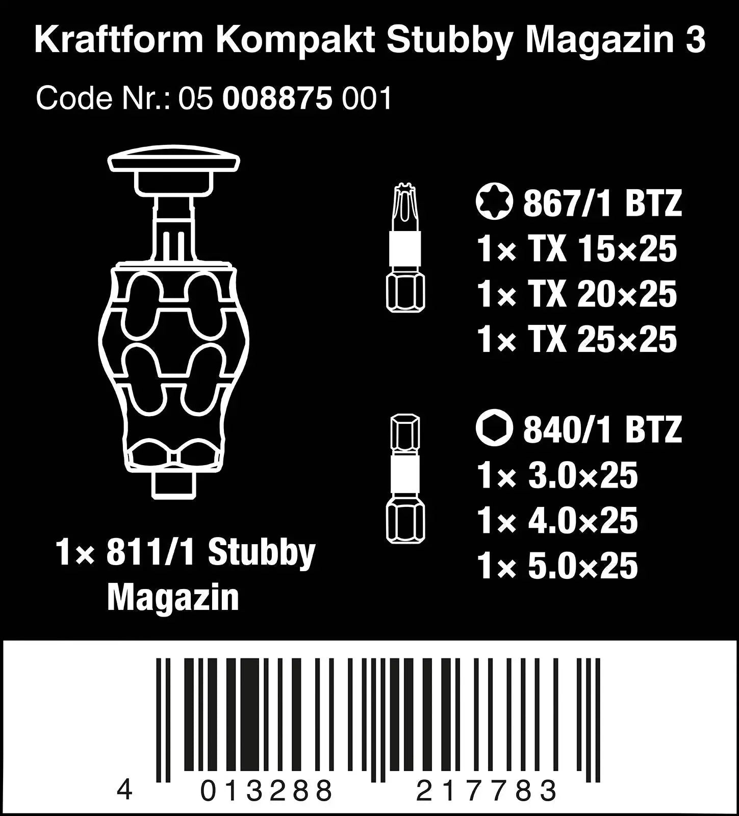 Wera Stubby Screwdriver Kraftform Kompakt Magazine 3 6 Piece Torx Hex