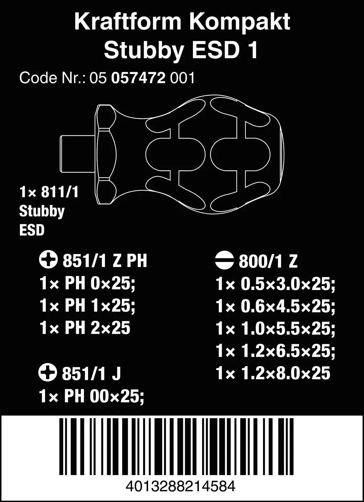 Wera Stubby Screwdriver Set Kraftform Kompakt ESD 1 10 Piece PH SL JIS
