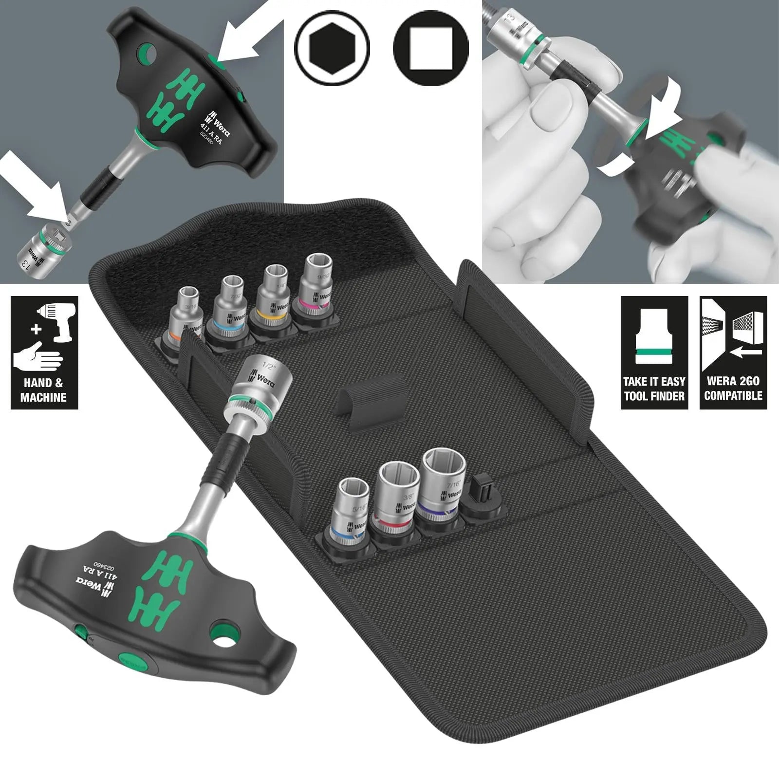 Wera T-Handle Adaptor Screwdriver 1/4" Drive with Ratchet Function 400 RA Imperial Set 2 9 Pieces White Rose Tools