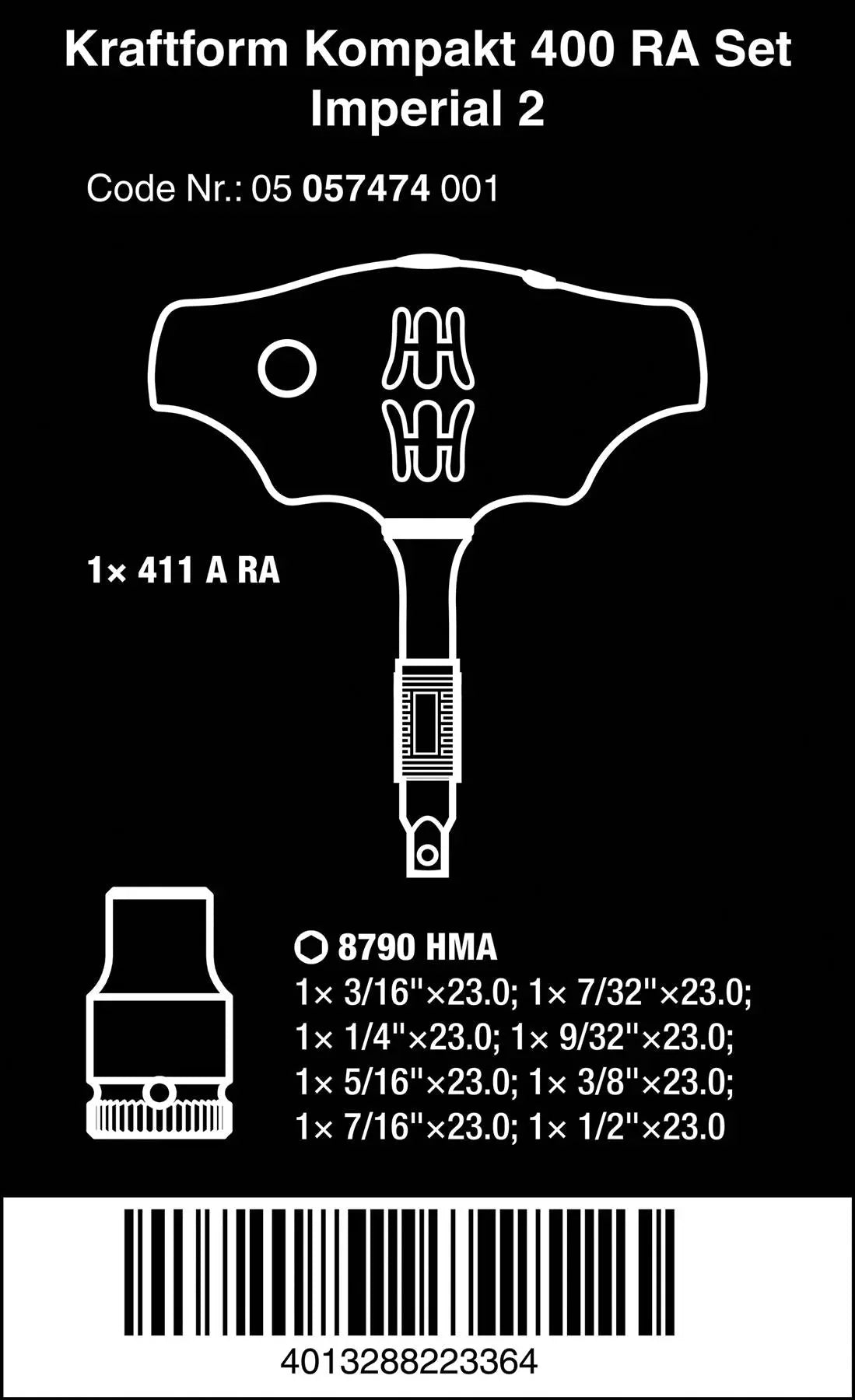 Wera T-Handle Adaptor Screwdriver 1/4" Drive with Ratchet Function 400 RA Imperial Set 2 9 Pieces White Rose Tools