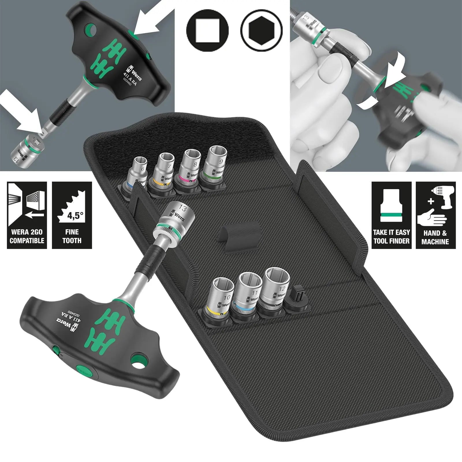 Wera T-Handle Adaptor Screwdriver 1/4" Drive with Ratchet Function 400 RA Set 2 9 Pieces 6-13mm Sockets White Rose Tools