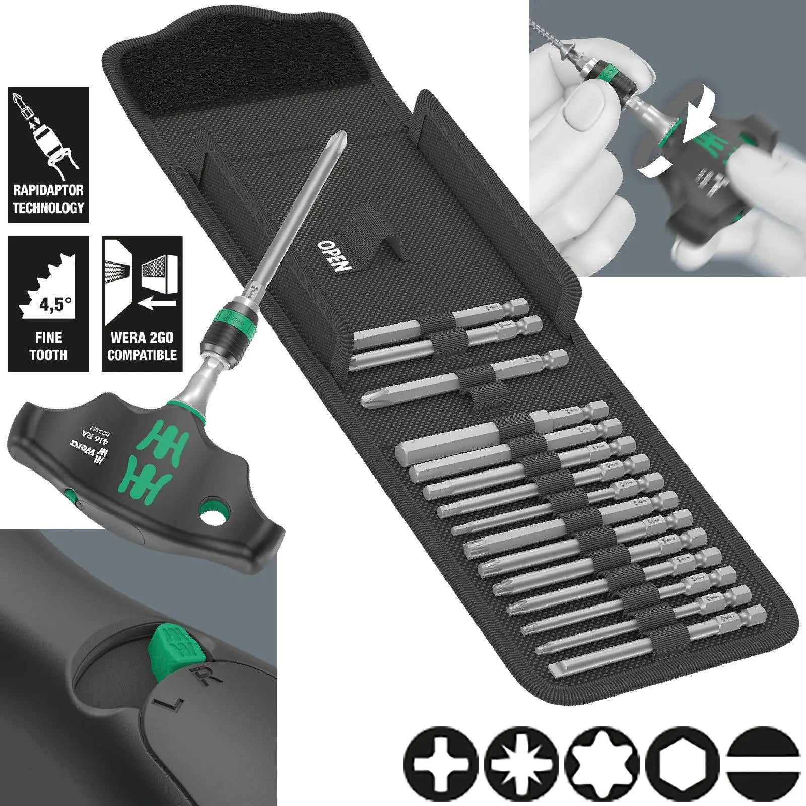 Wera T-Handle Screwdriver 1/4" Hex with Ratchet Function Rapidaptor Chuck 400 RA Set 1 17 Pieces