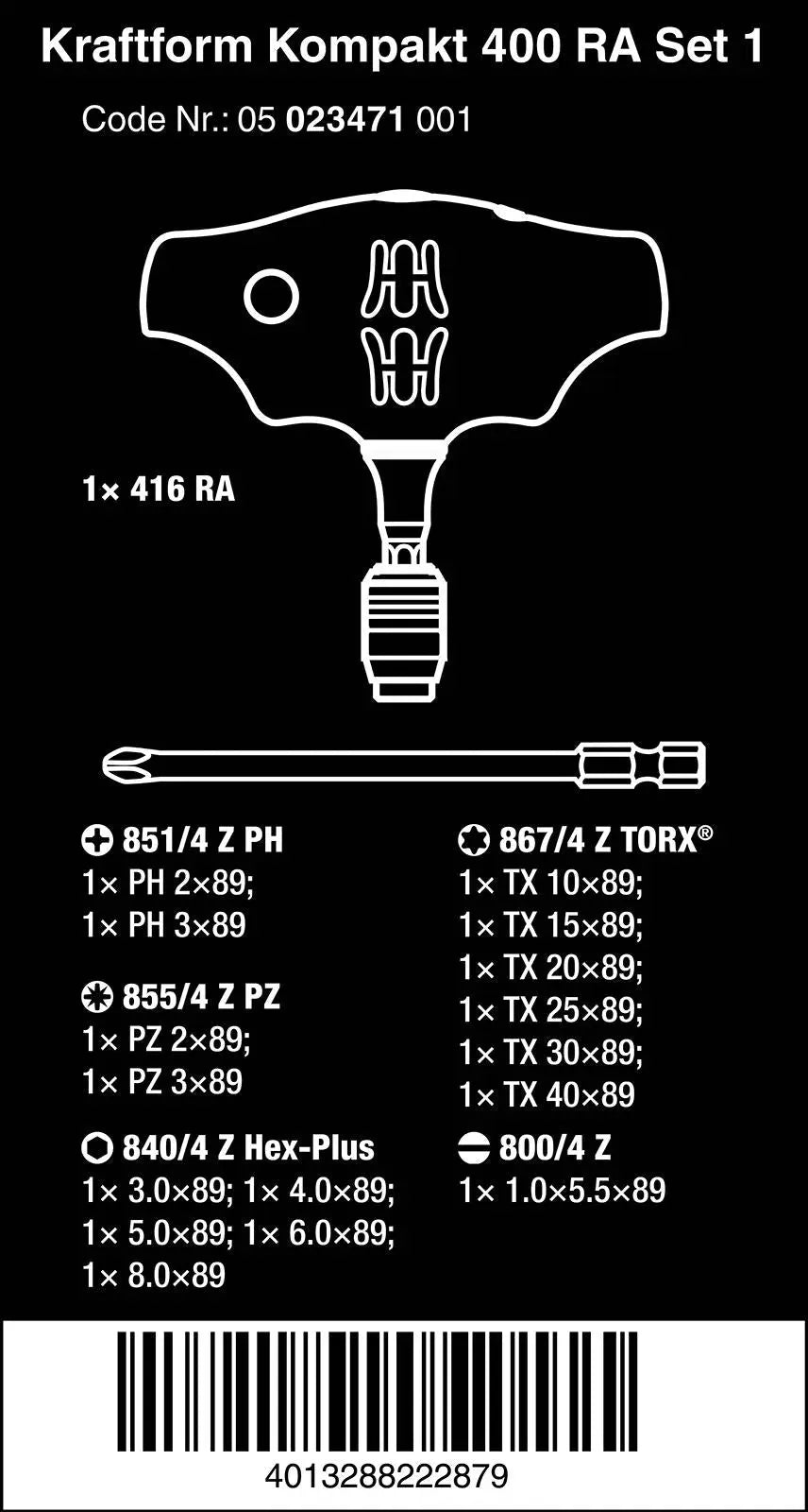Wera T-Handle Screwdriver 1/4" Hex with Ratchet Function Rapidaptor Chuck 400 RA Set 1 17 Pieces