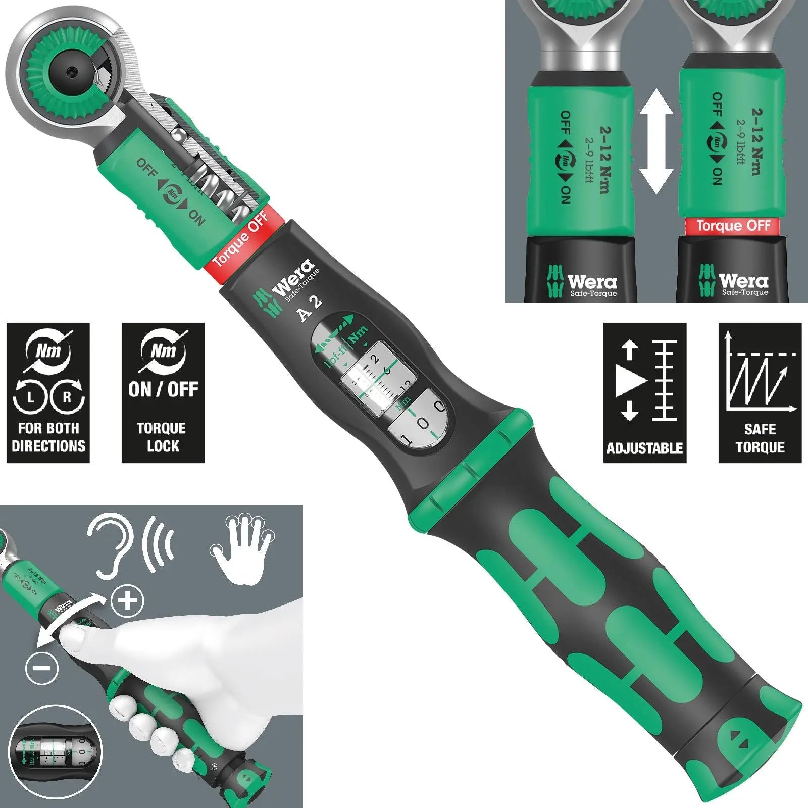 Wera Torque Wrench Safe-Torque A 2 1/4" Hex Drive 2-12 Nm Reversible
