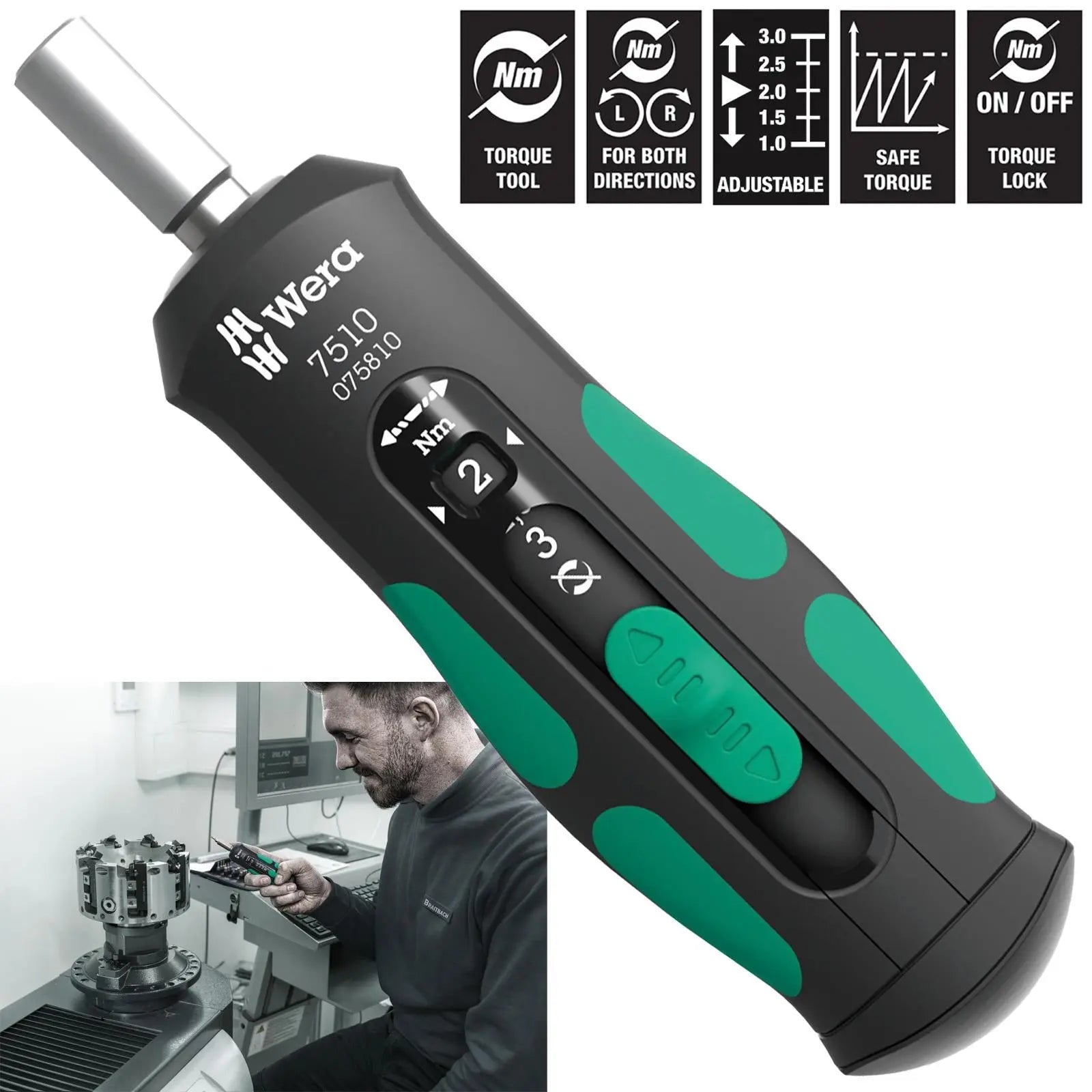 Wera Torque Wrench Screwdriver 1/4" Hex 7510 Kraftform Safe Torque Speed Torque 1-3 Nm White Rose Tools