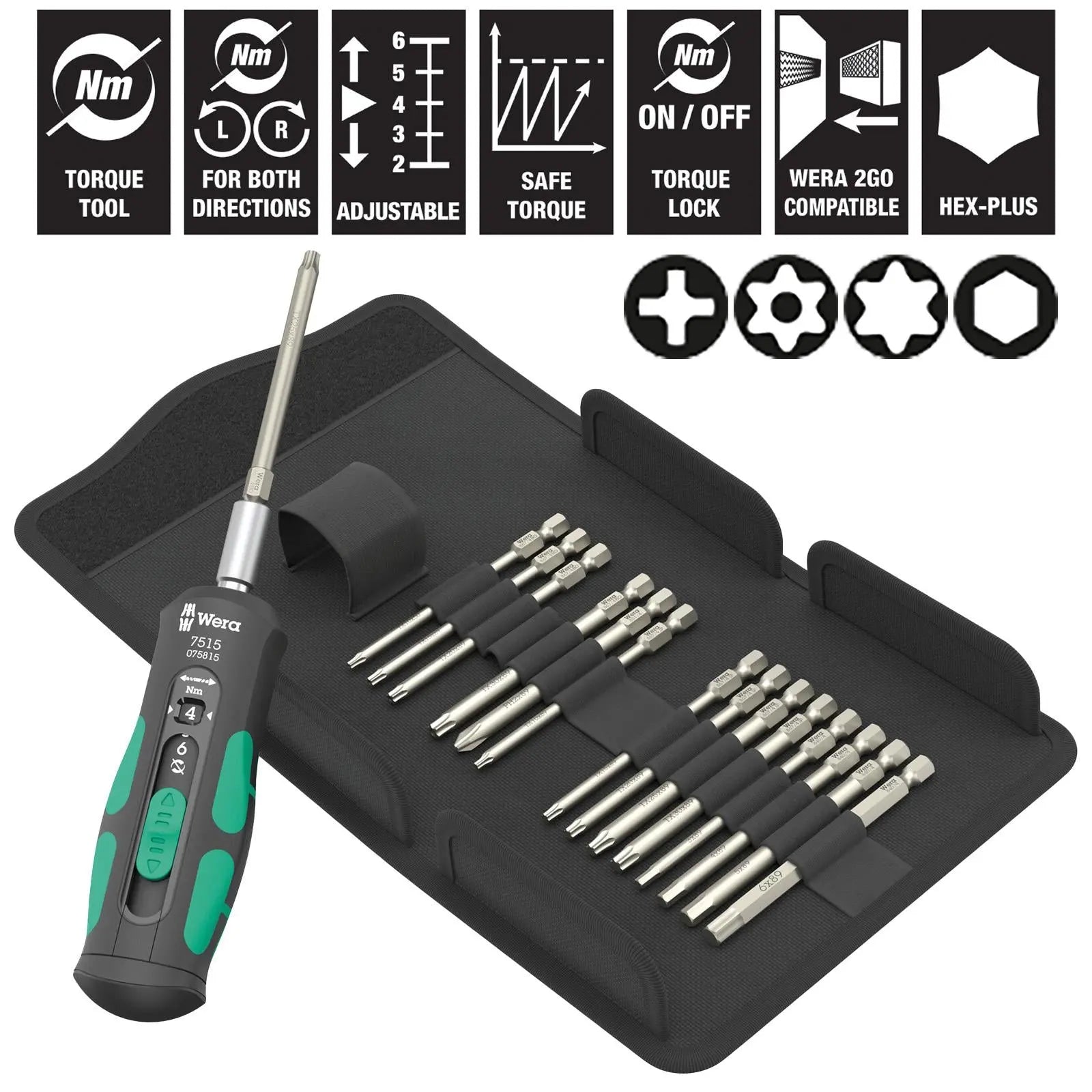Wera Torque Wrench Screwdriver Set 1/4" Hex 2-6 Nm 7515/16 Kraftform Safe Torque Speed Universal 1 16 Pieces PH TX BO Hex White Rose Tools