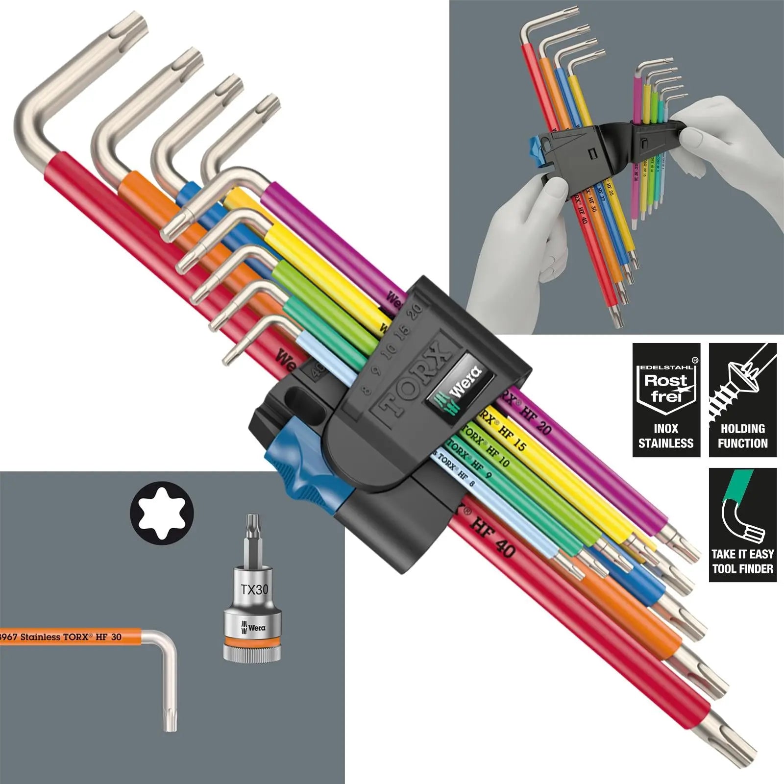 Wera Torx Key Set 3967/9 TX SXL Multicolour HF Stainless Steel 1 L-Key Holding Function 9 Piece T8-T40 White Rose Tools