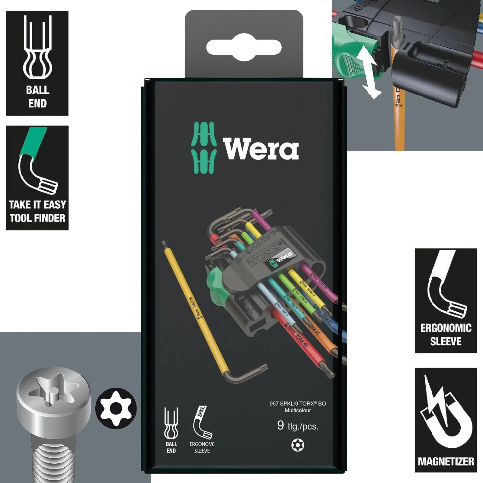 Wera Torx Key Set 967/9 TX BO Multicolour 1 L Key Set for Tamper-Proof TORX Screws 9 Pieces White Rose Tools