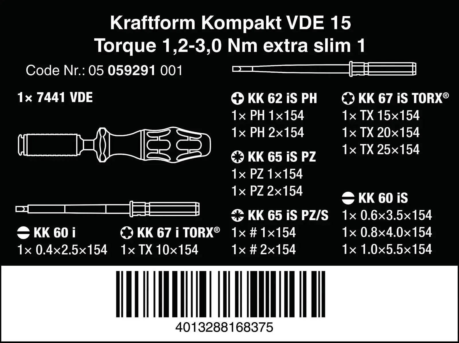 Wera VDE Torque Screwdriver 1.2-3.0 Nm Kraftform Kompakt Extra Slim 1 15 Pieces White Rose Tools