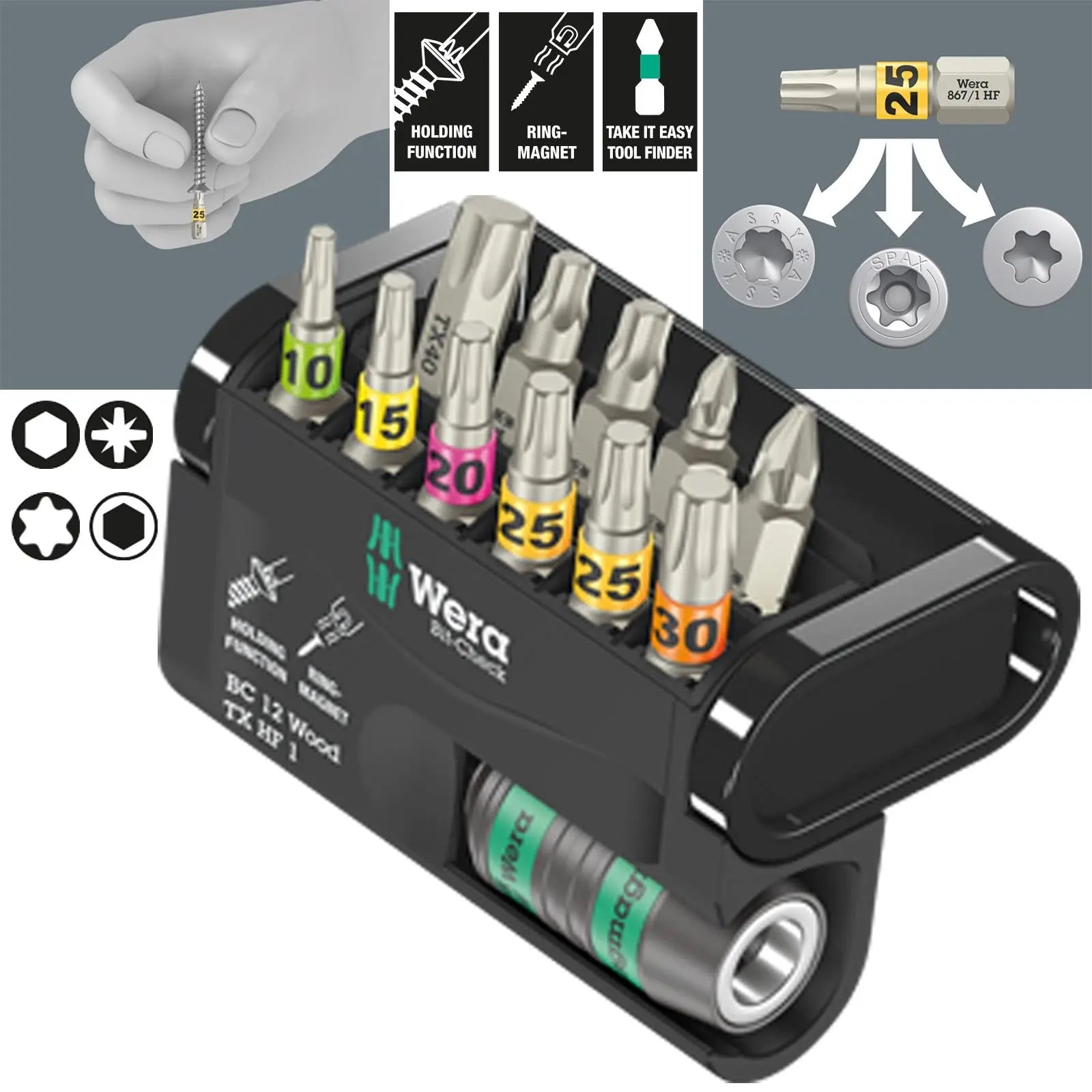 Wera Wood Screwdriver Bits Torx with Holding Function 12 Piece Bit-Check 12 Wood TX HF 1 White Rose Tools