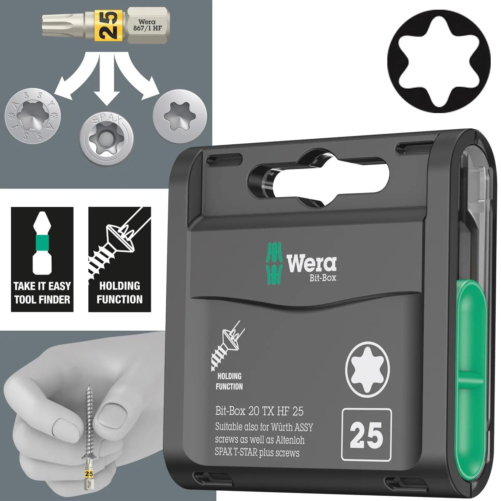 Wera Wood Screwdriver Bits Torx with Holding Function 20 Piece Bit-Box 20 TX HF 25mm White Rose Tools