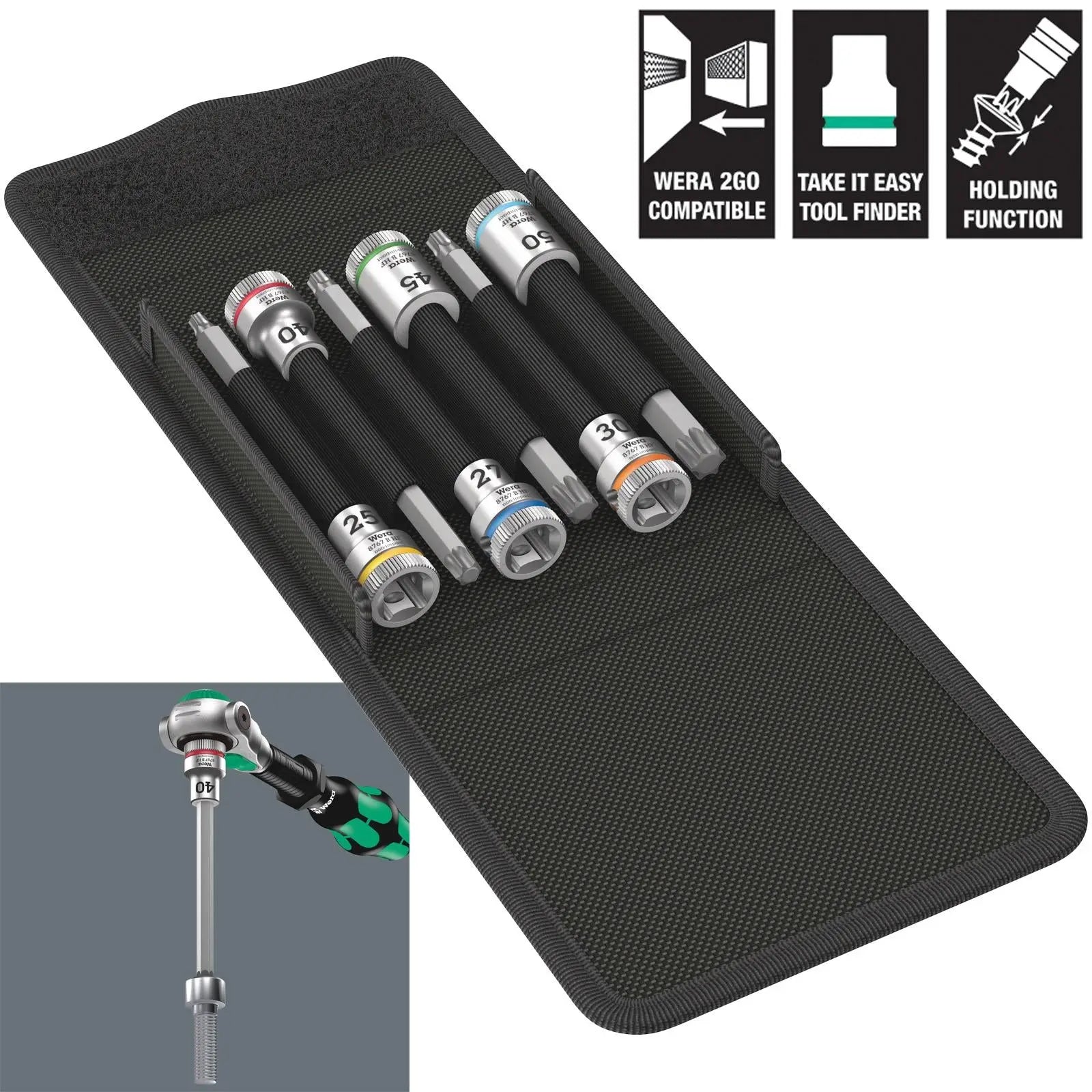 Wera Zyklop Socket Bit Set TORX HF 3/8" Drive Holding Function 8767 B TORX HF 1 6 Pieces 100/107mm Long White Rose Tools
