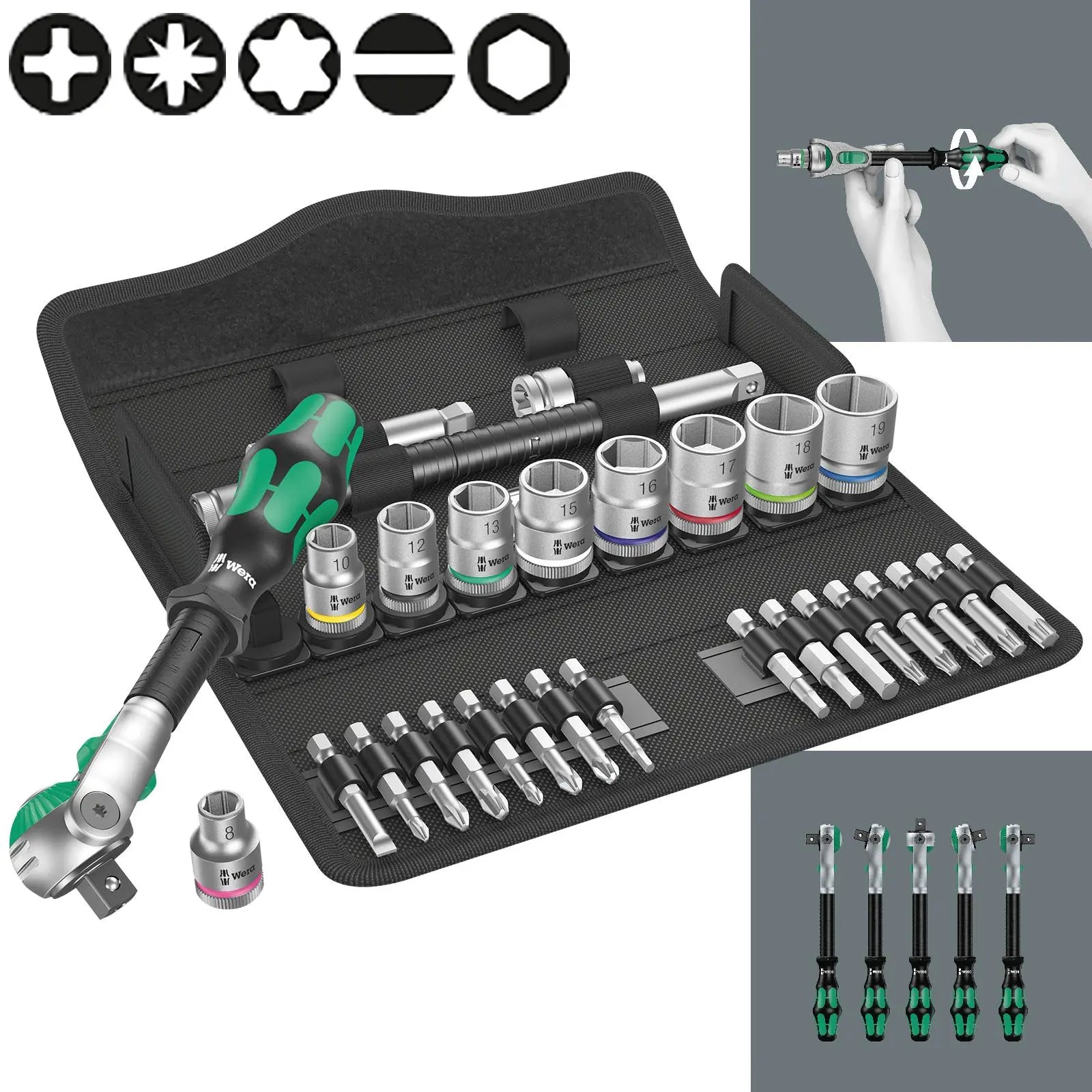 Wera Zyklop Speed Ratchet Socket and Screwdriver Bit Set 3/8" Drive 8100 SB 6 Metric 29 Pieces White Rose Tools