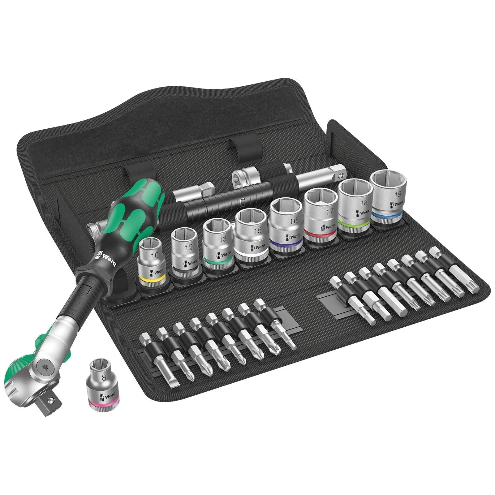 Wera Zyklop Speed Ratchet Socket and Screwdriver Bit Set 3/8" Drive 8100 SB 6 Metric 29 Pieces White Rose Tools