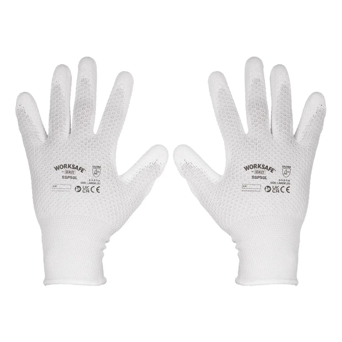 Worksafe by Sealey White Precision Grip Gloves - (Large) - Pack of 6 Pairs White Rose Tools