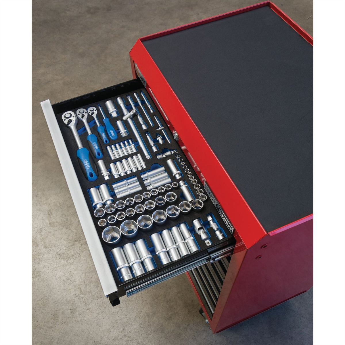 Draper Socket Set in Full Drawer EVA Insert Tray 1/4" 3/8" and 1/2" (84 Piece) 63540 White Rose Tools