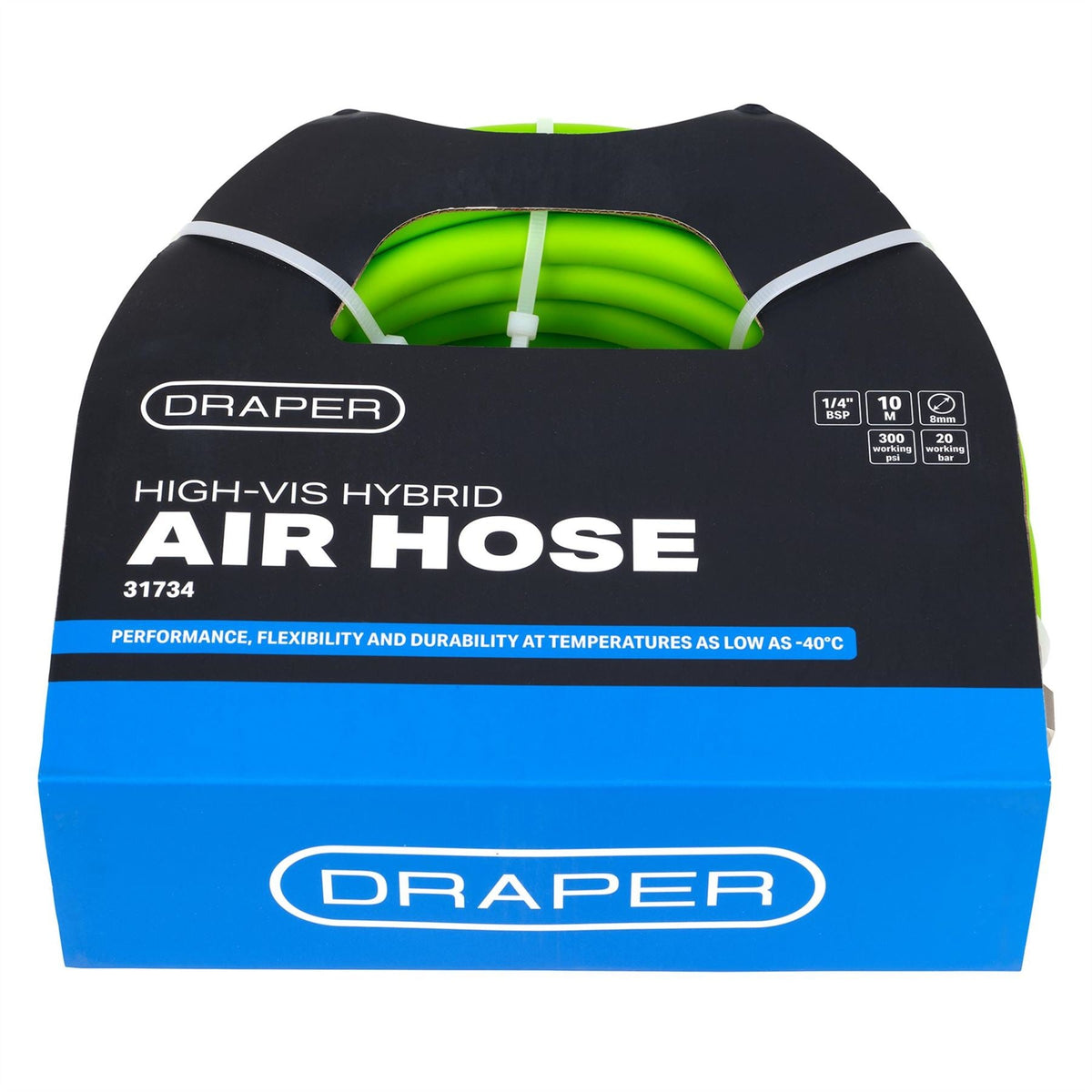 Draper High Visibility Hybrid Air Hose 10m x 8mm 1/4" BSP Green 31734 White Rose Tools