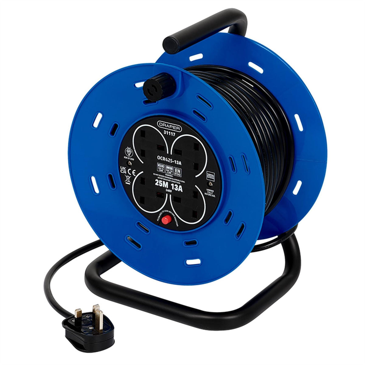 Draper 230V Four Socket Industrial Cable Reel 25m 31117 White Rose Tools