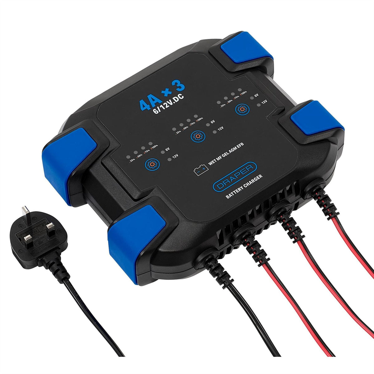 Draper 3 Bank 6/12V Smart Charger 12A (3x4A) 32276 White Rose Tools