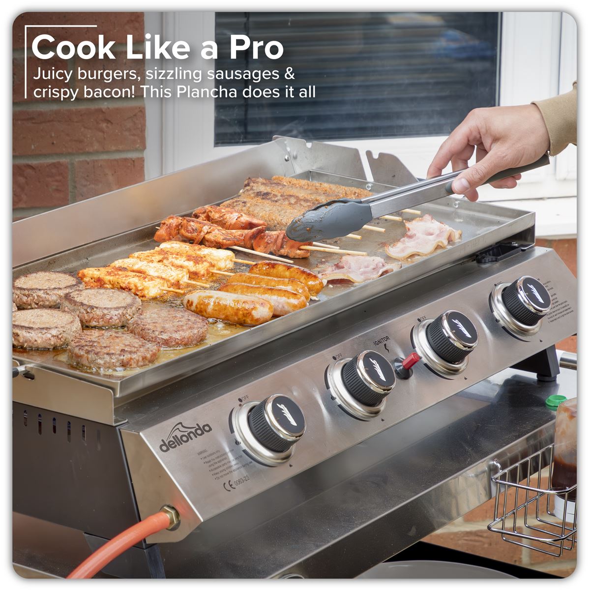 Dellonda 4 Burner Portable Gas Plancha with Warming Rack, 10kW BBQ Griddle, Stainless Steel White Rose Tools