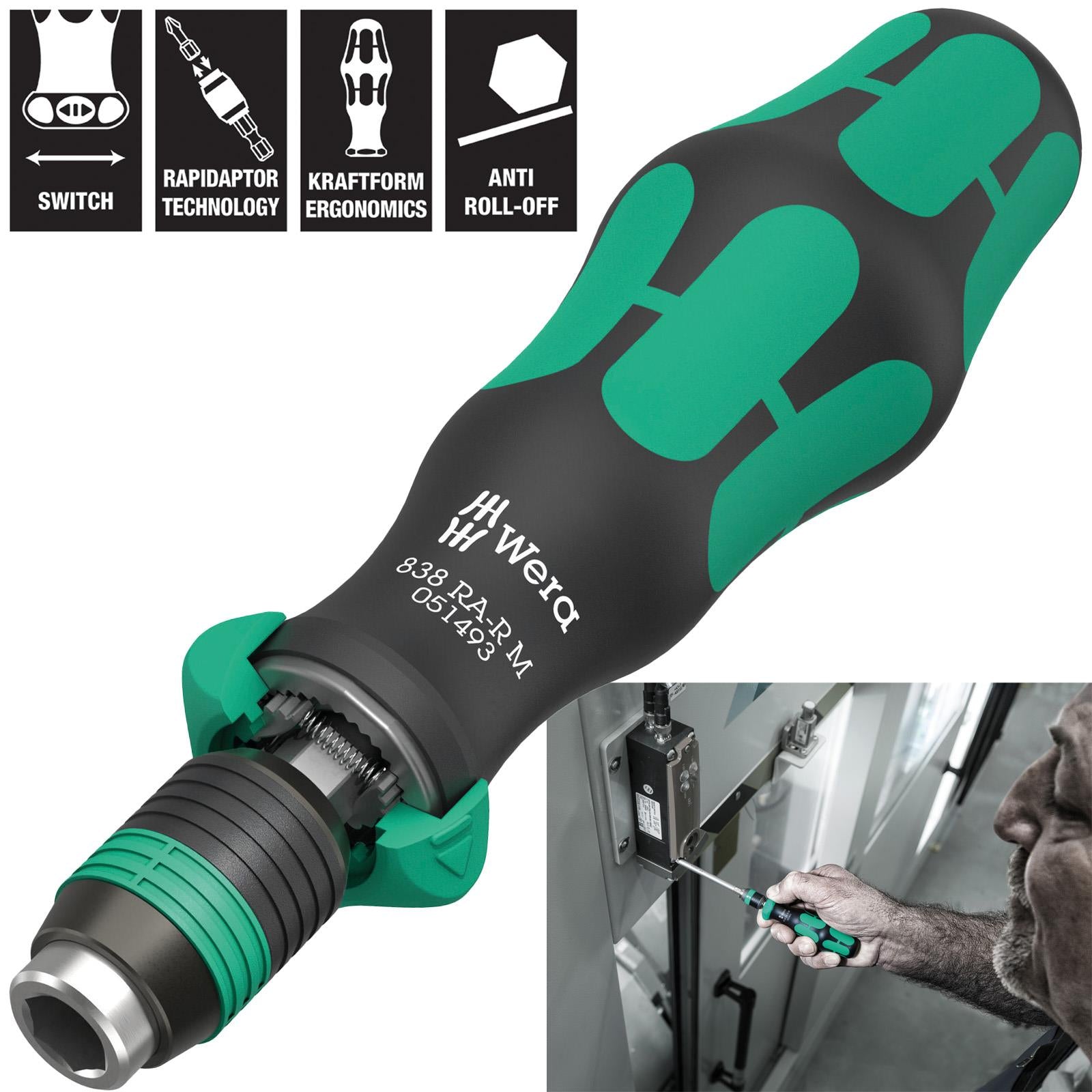 Wera Ratchet Screwdriver 1/4" Hex 838 RA-R M Bitholding Driver Rapidaptor White Rose Tools