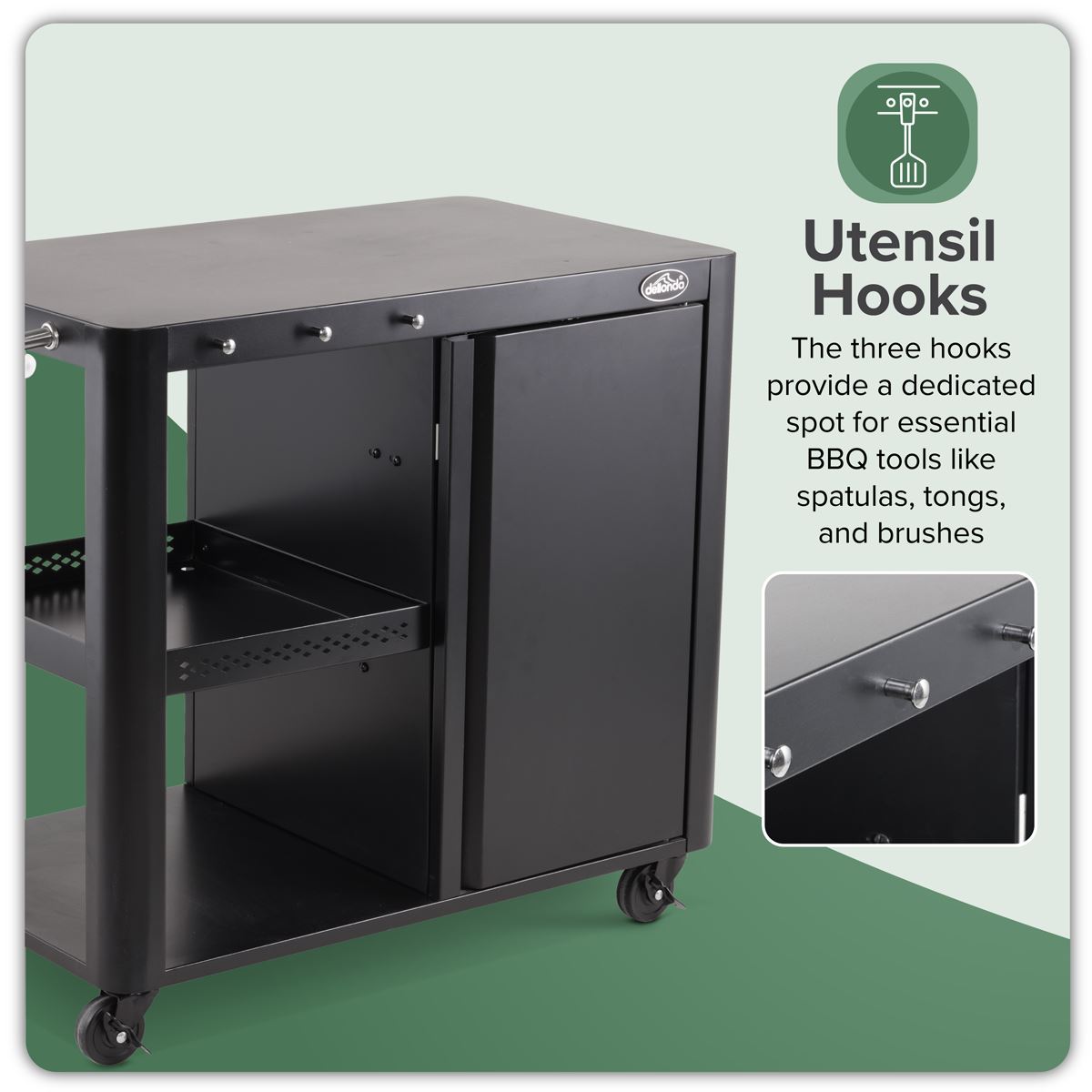 Dellonda BBQ/Plancha Workstation Trolley with Cupboard, Extension Table & Utensil Hooks, Black White Rose Tools