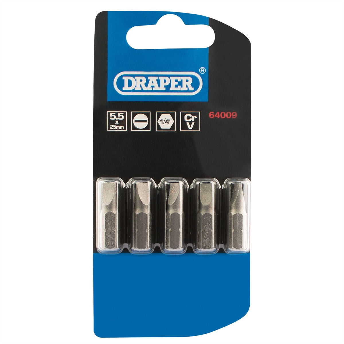 Draper Plain Slot Insert Bit 5.5mm 1/4" Hex 25mm Long (Pack of 5) 64009 White Rose Tools