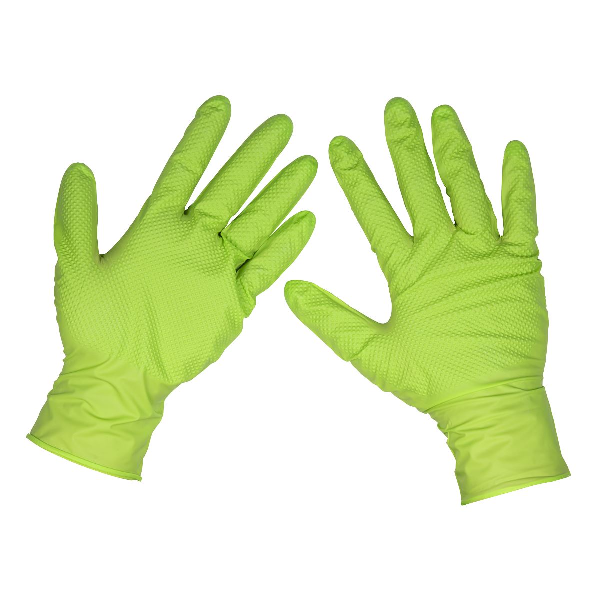 Sealey Diamond Grip Extra-Thick Nitrile Powder-Free Gloves, Hi-Vis Green, Large - Pack of 50 White Rose Tools
