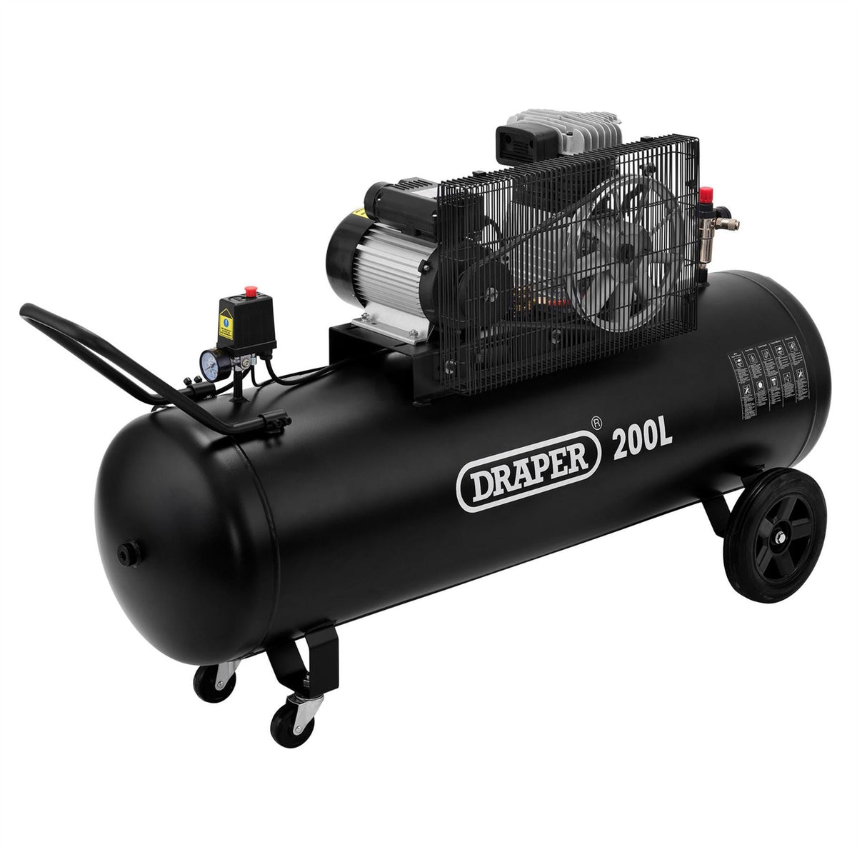 Draper 230V 200L Belt-Driven Air Compressor 2.2kW/3hp 55315 White Rose Tools